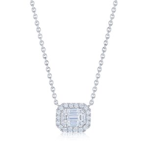 Sunburst East-West Emerald Cut Diamond Pendant with Halo in 18K White Gold