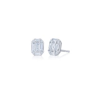 Sunburst Stud Earrings with Emerald Cut Diamonds in 18K White Gold