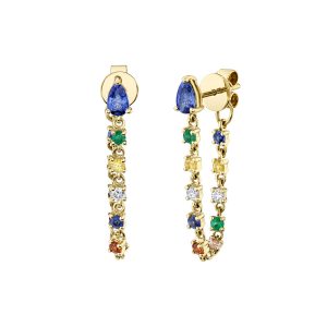 Blue Sapphire with Multicolored Fine Gemstone Loop Earrings in 18K Yellow Gold